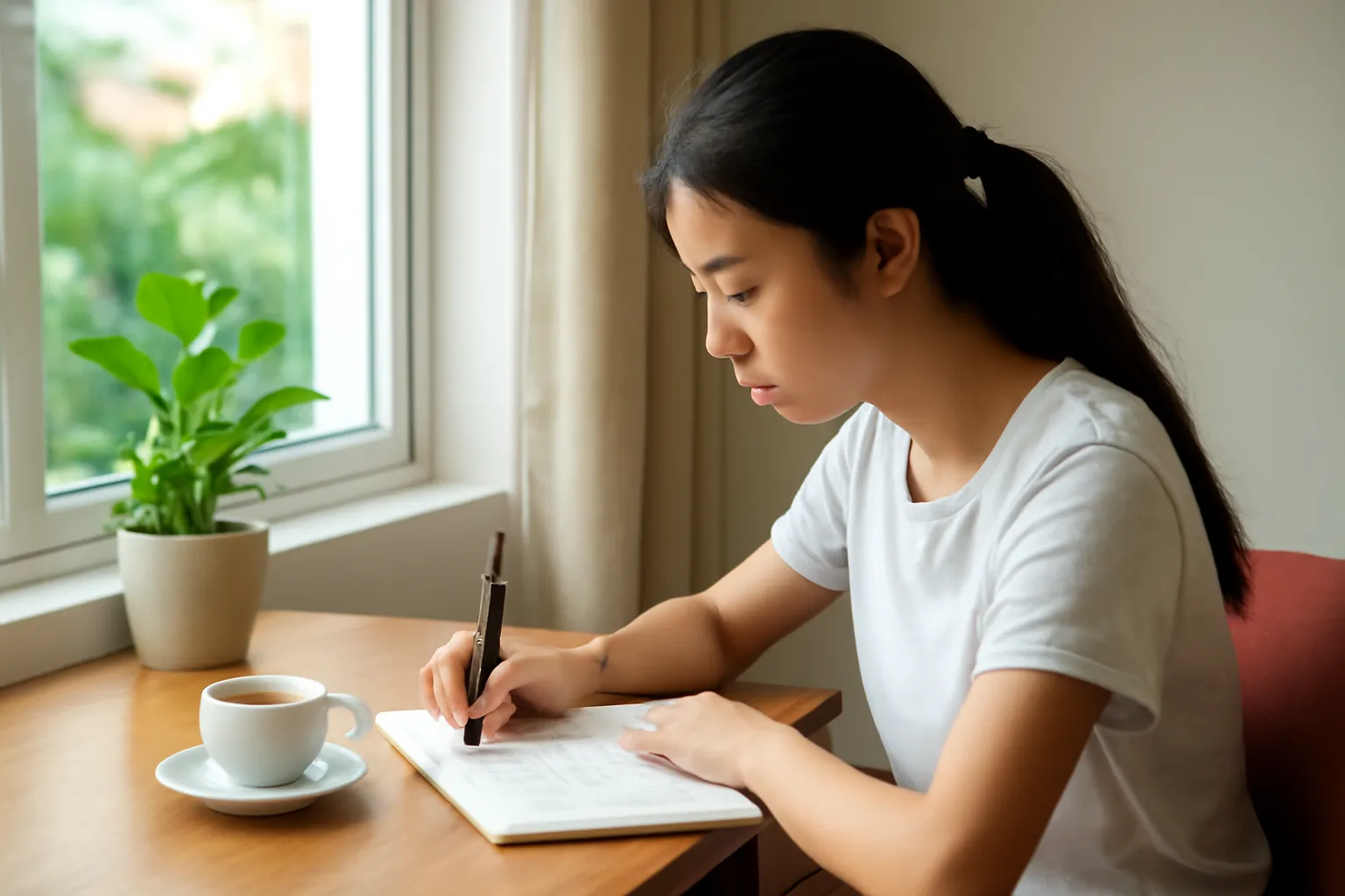 Nữ sinh ngồi viết tay trên sổ bên cửa sổ phòng trọ