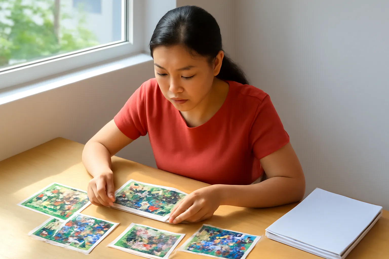 Người phụ nữ ngồi bàn gỗ sắp xếp ảnh in và tập giấy chuẩn bị báo cáo