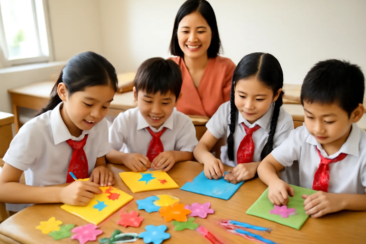 Các em nhỏ cùng viết tấm thiệp cảm ơn trên bàn lớp học
