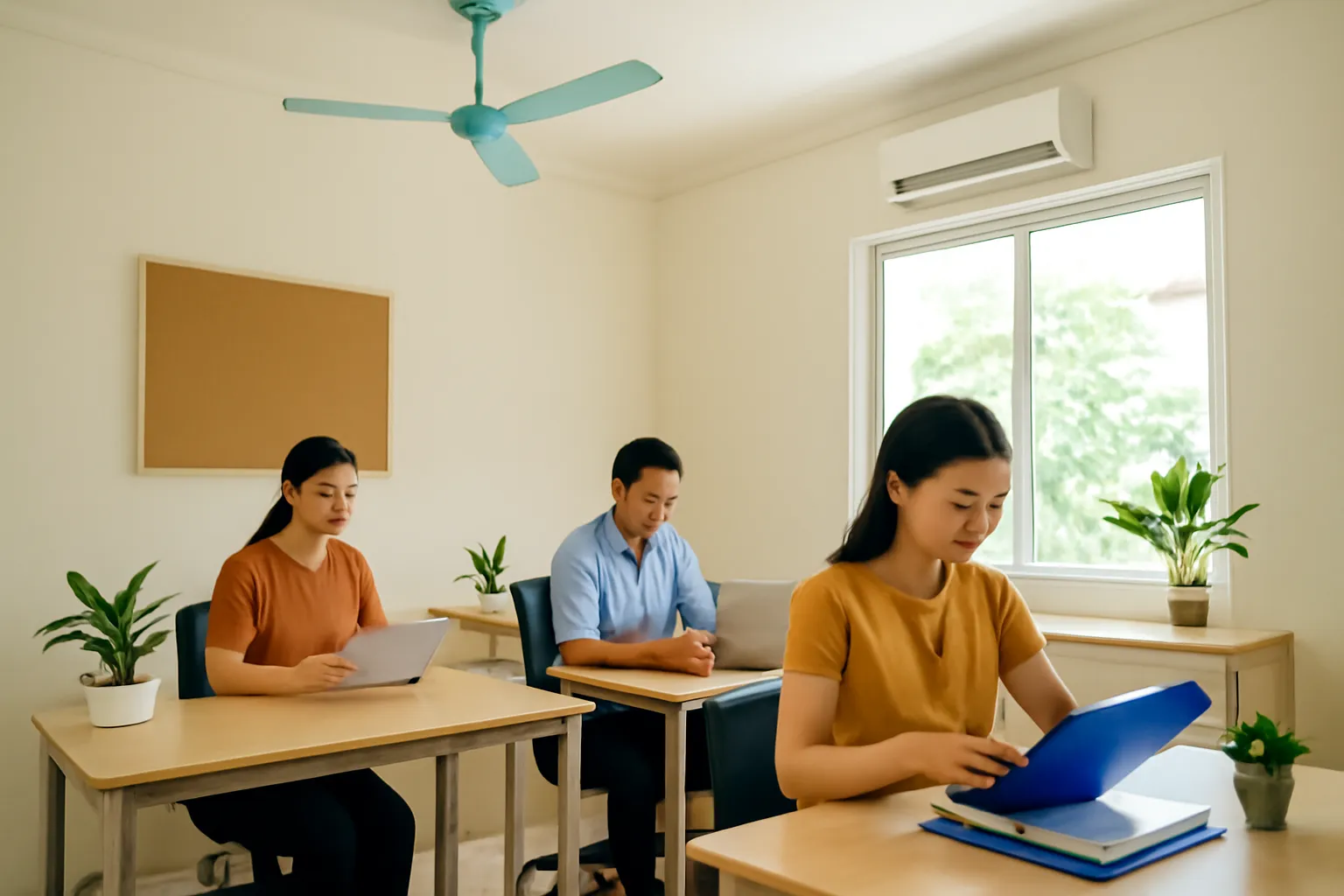 Một nhóm nhỏ làm việc trong văn phòng giản dị của tổ chức cộng đồng