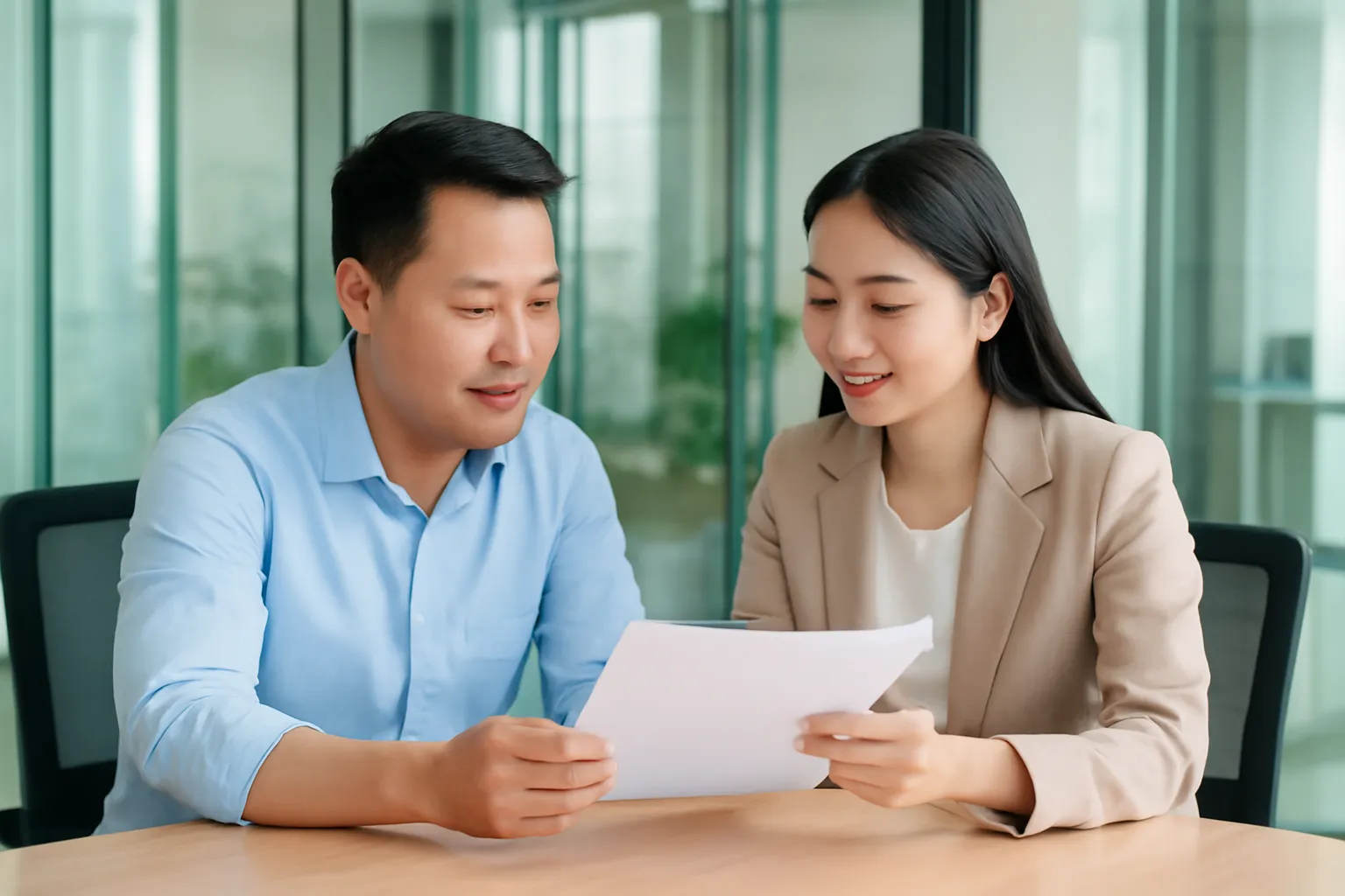 Hai đồng nghiệp trao đổi bên bàn họp với tập tài liệu mỏng