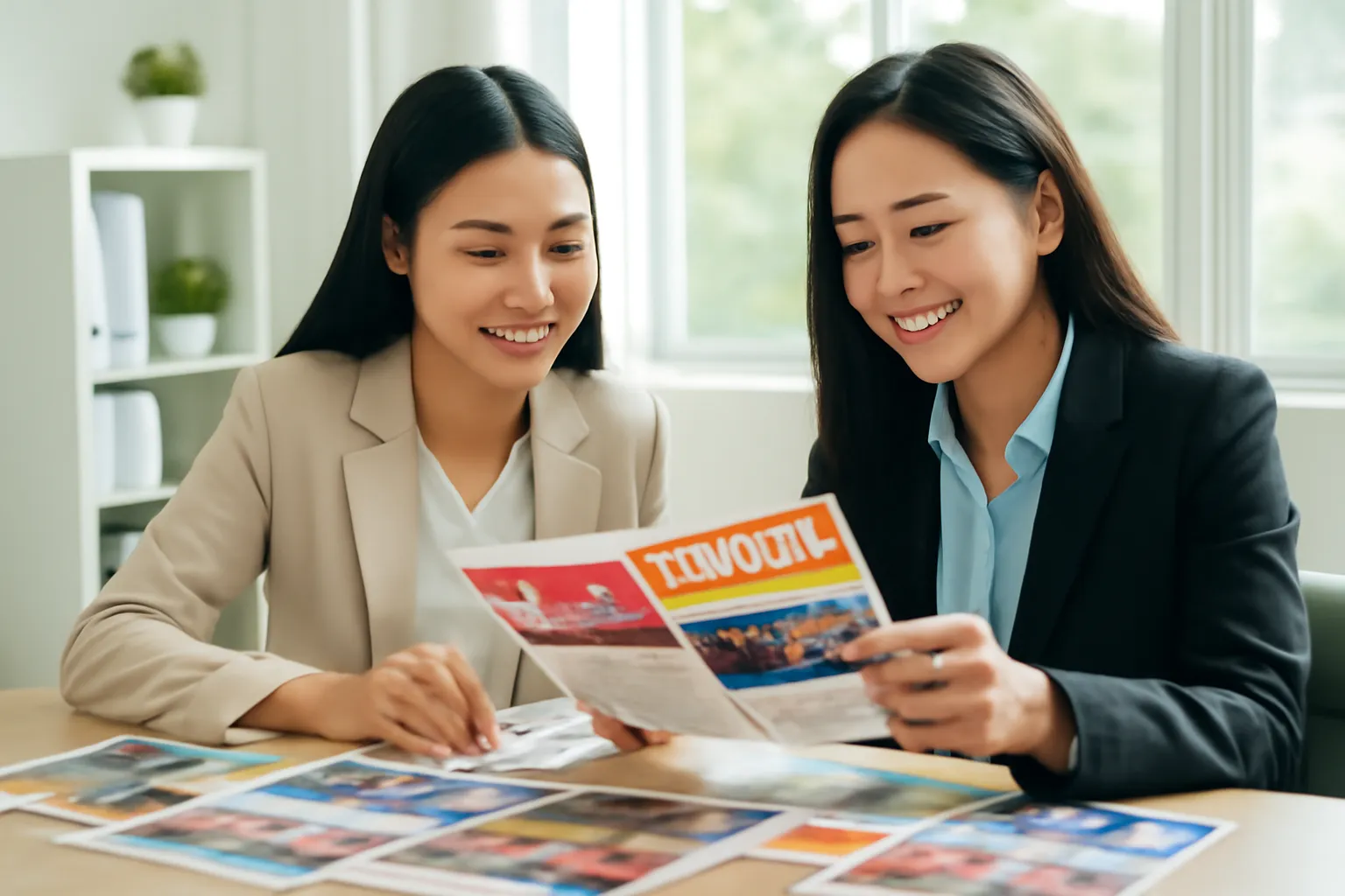 Hai người phụ nữ ở văn phòng nhỏ xem các tờ giới thiệu sự kiện trải trên bàn