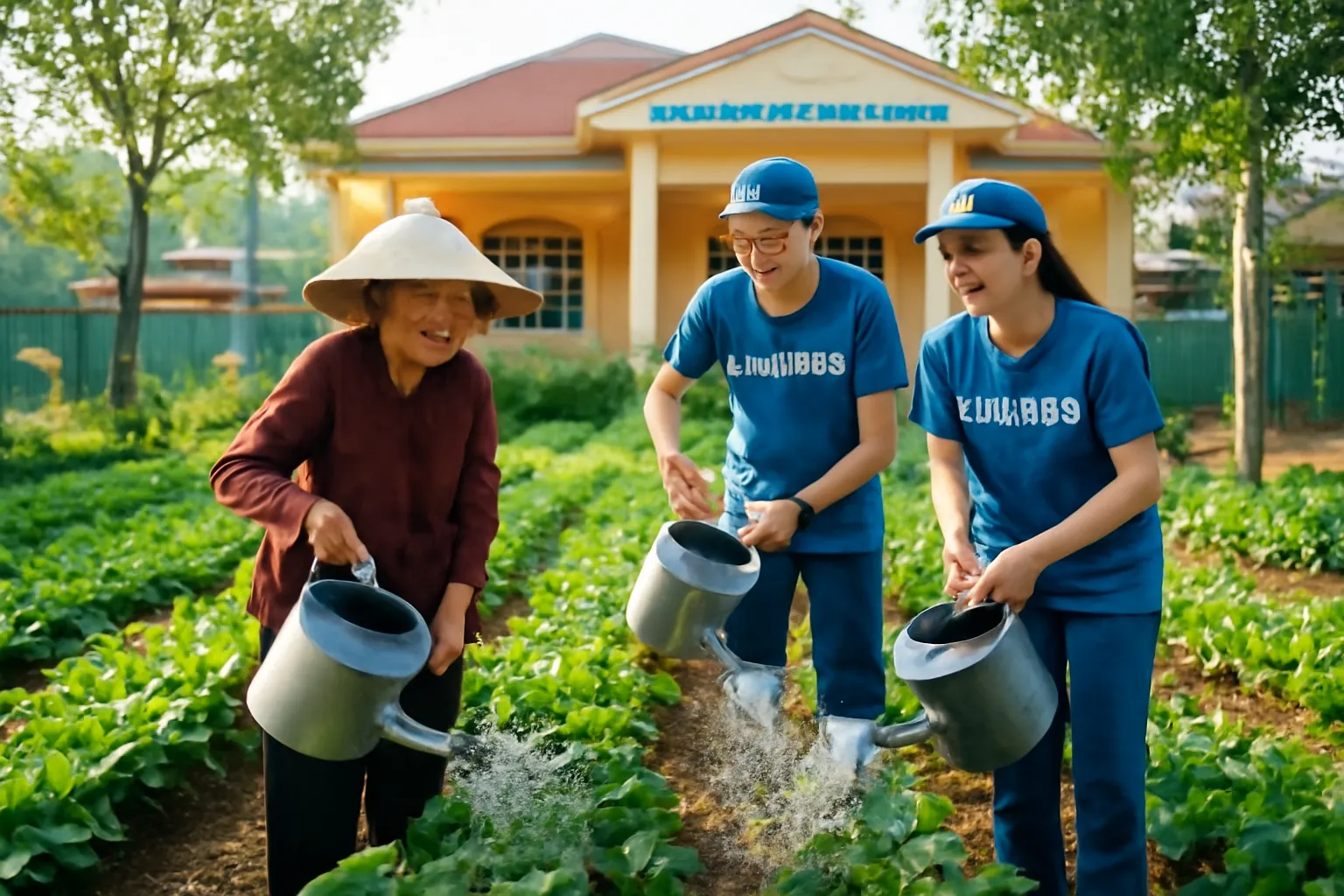 Cụ bà và các tình nguyện viên trẻ cùng chăm vườn rau của nhóm