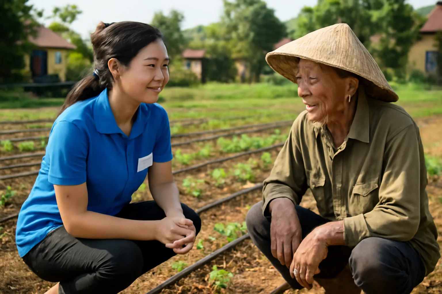 Cô tình nguyện viên trò chuyện với cụ ông bên khu vườn rau mới