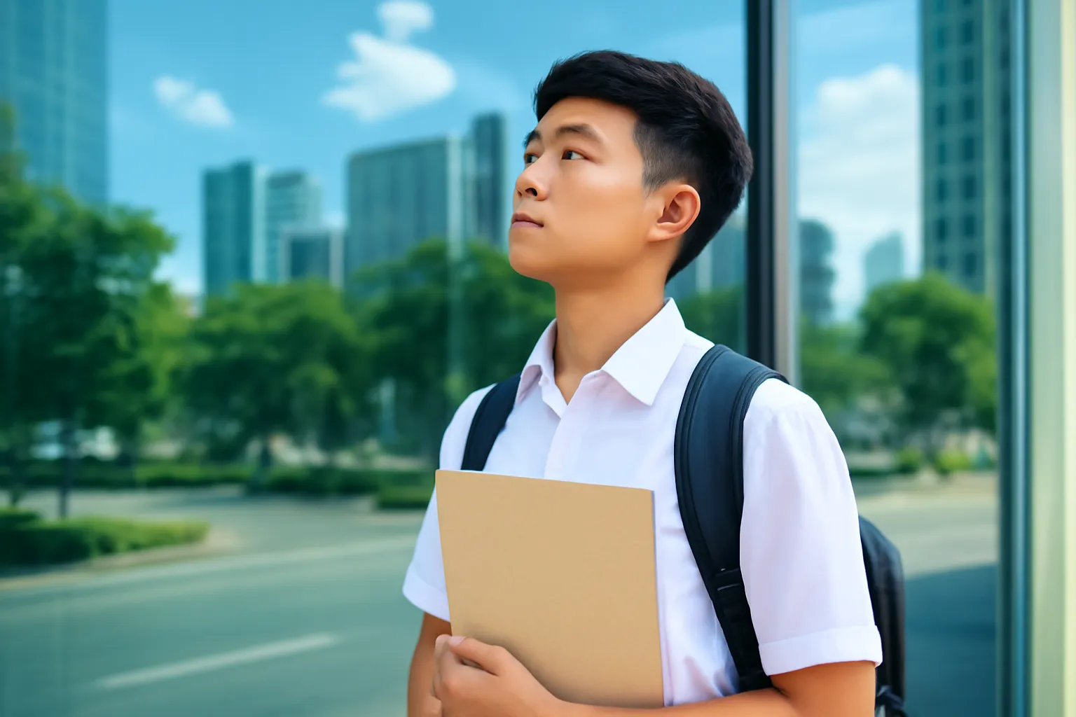 Chàng sinh viên hít thở sâu trước cửa kính một văn phòng, tay cầm bìa hồ sơ