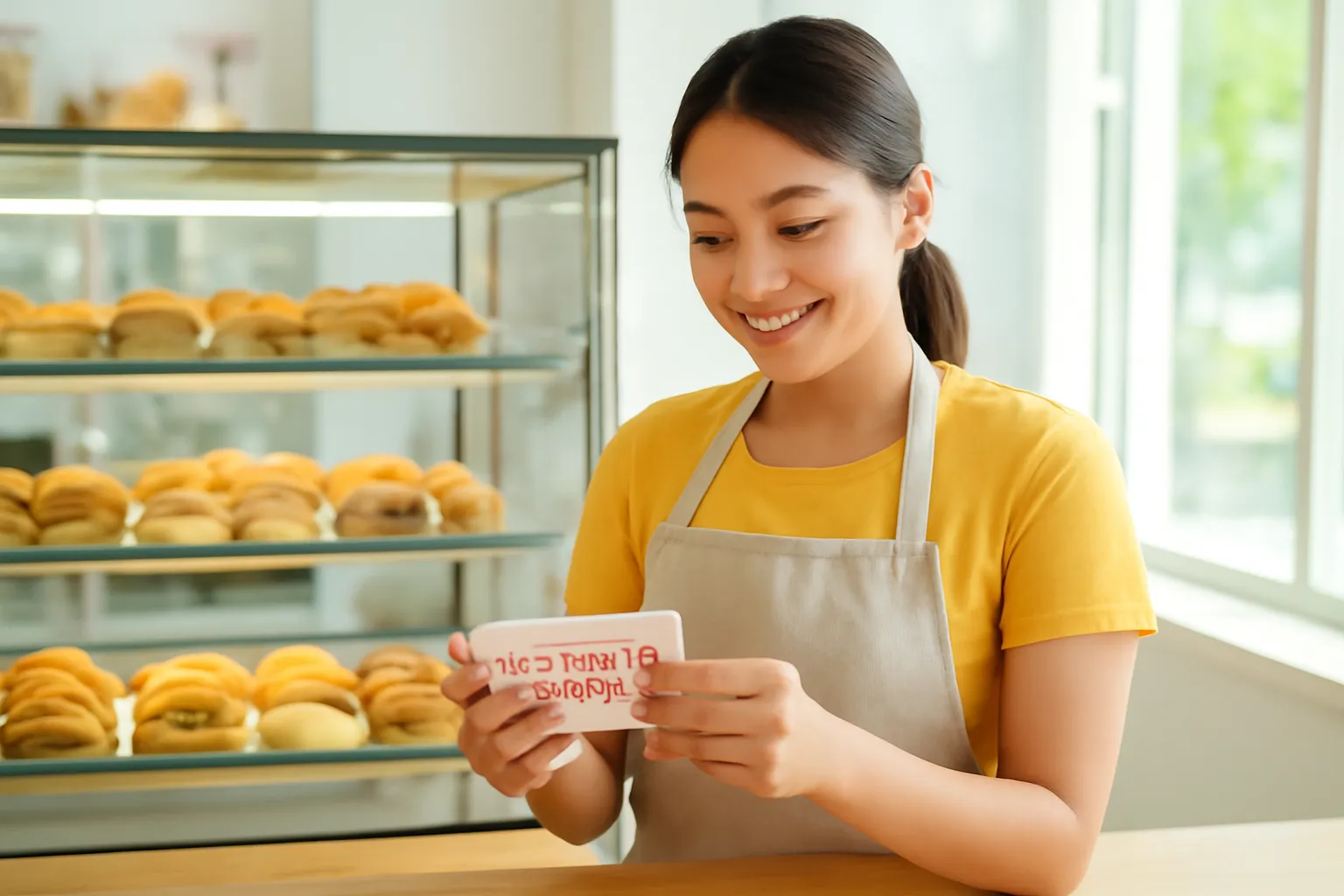Chủ tiệm bánh đếm những phiếu ưu đãi khách mang tới quầy