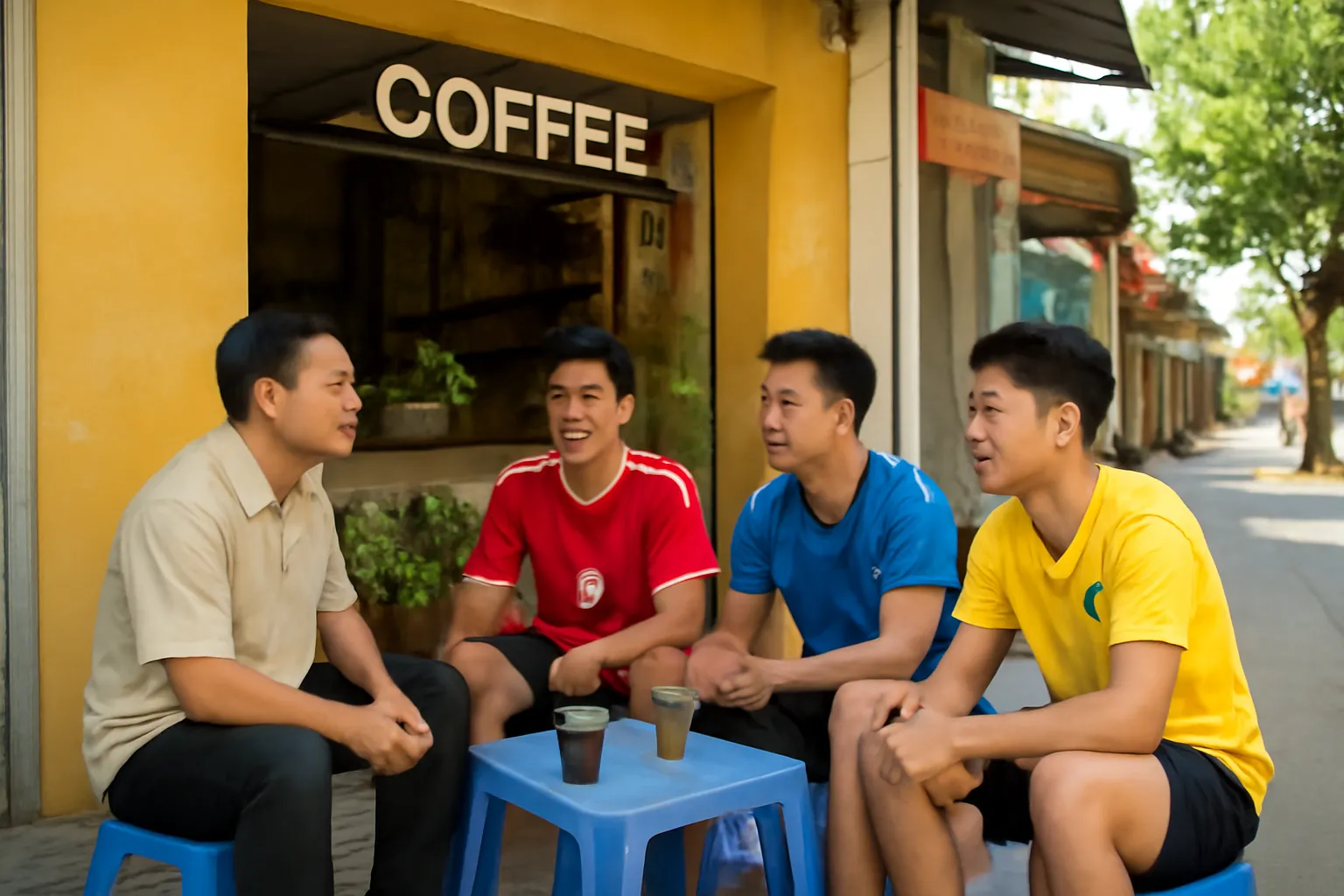 Chủ quán cà phê nhỏ trò chuyện với nhóm thanh niên về giải bóng phường