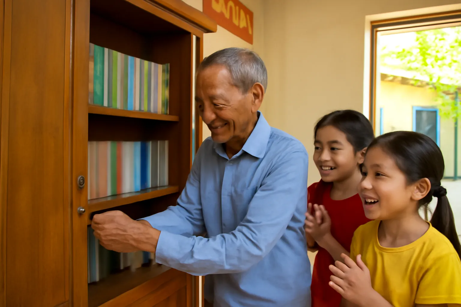 Người đàn ông lớn tuổi mở cửa tủ sách gỗ ở nhà văn hoá thôn
