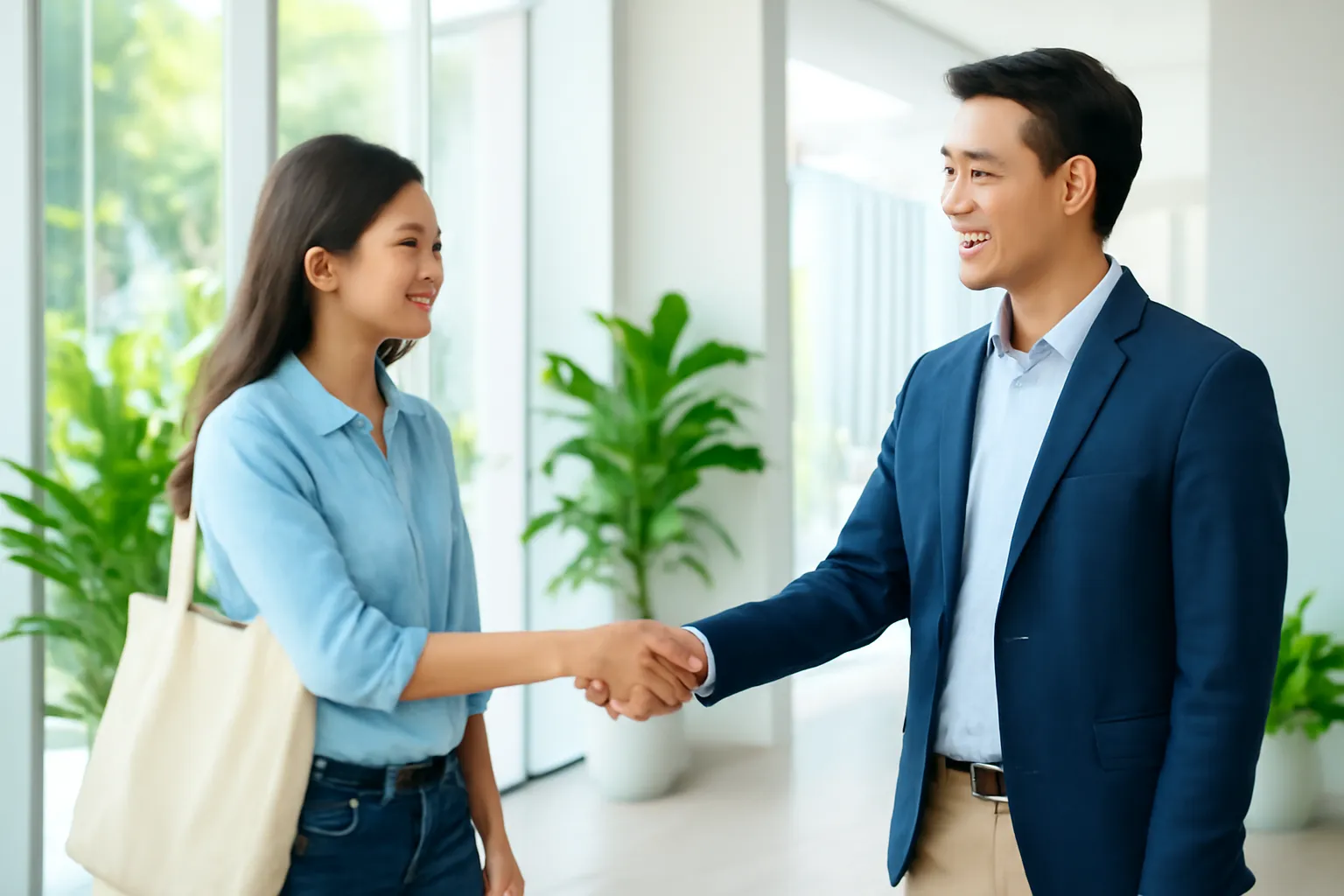 Hai người bắt tay chào nhau ở sảnh văn phòng sáng sủa