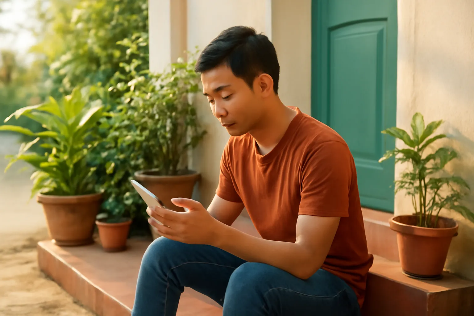 Chàng trai trẻ ngồi bậc thềm cầm điện thoại có màn hình trống, nét mặt chăm chú