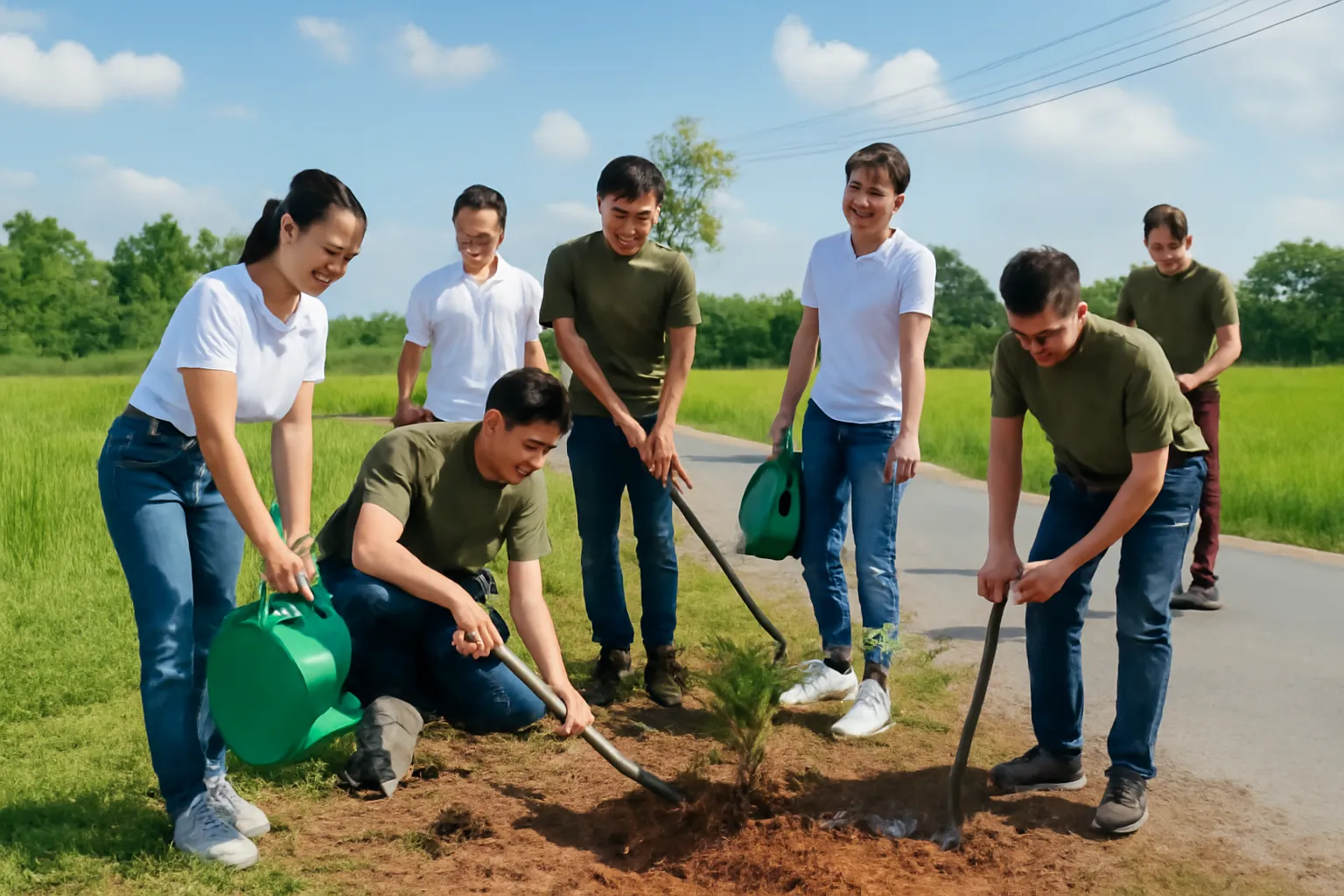 Nhóm tình nguyện viên và đại diện doanh nghiệp cùng trồng cây ven đường làng