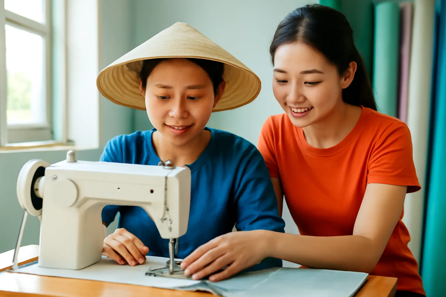 Người phụ nữ nông thôn học cách dùng máy may dưới sự hướng dẫn của cô giáo trẻ