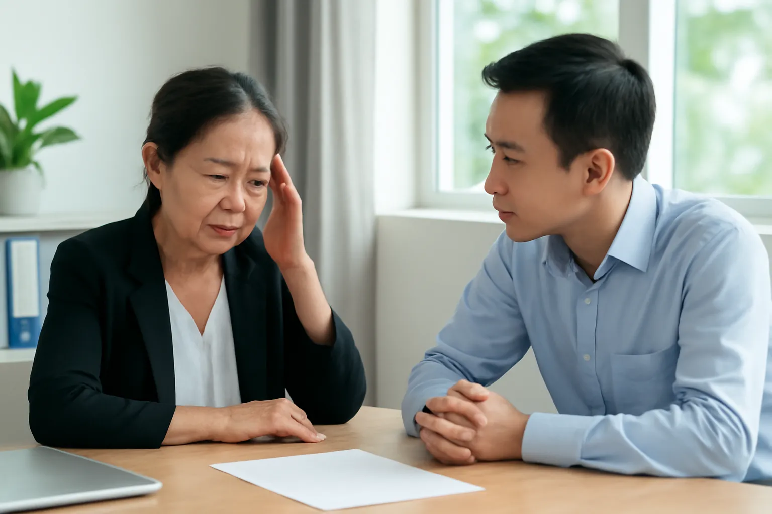 Hai người trao đổi về giấy tờ trong một văn phòng nhỏ, một người lắc đầu nhẹ