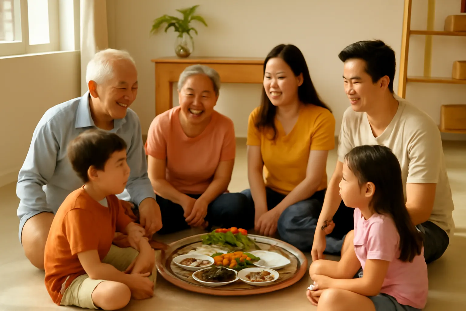 Gia đình ba thế hệ ngồi quanh mâm cơm trò chuyện vui vẻ