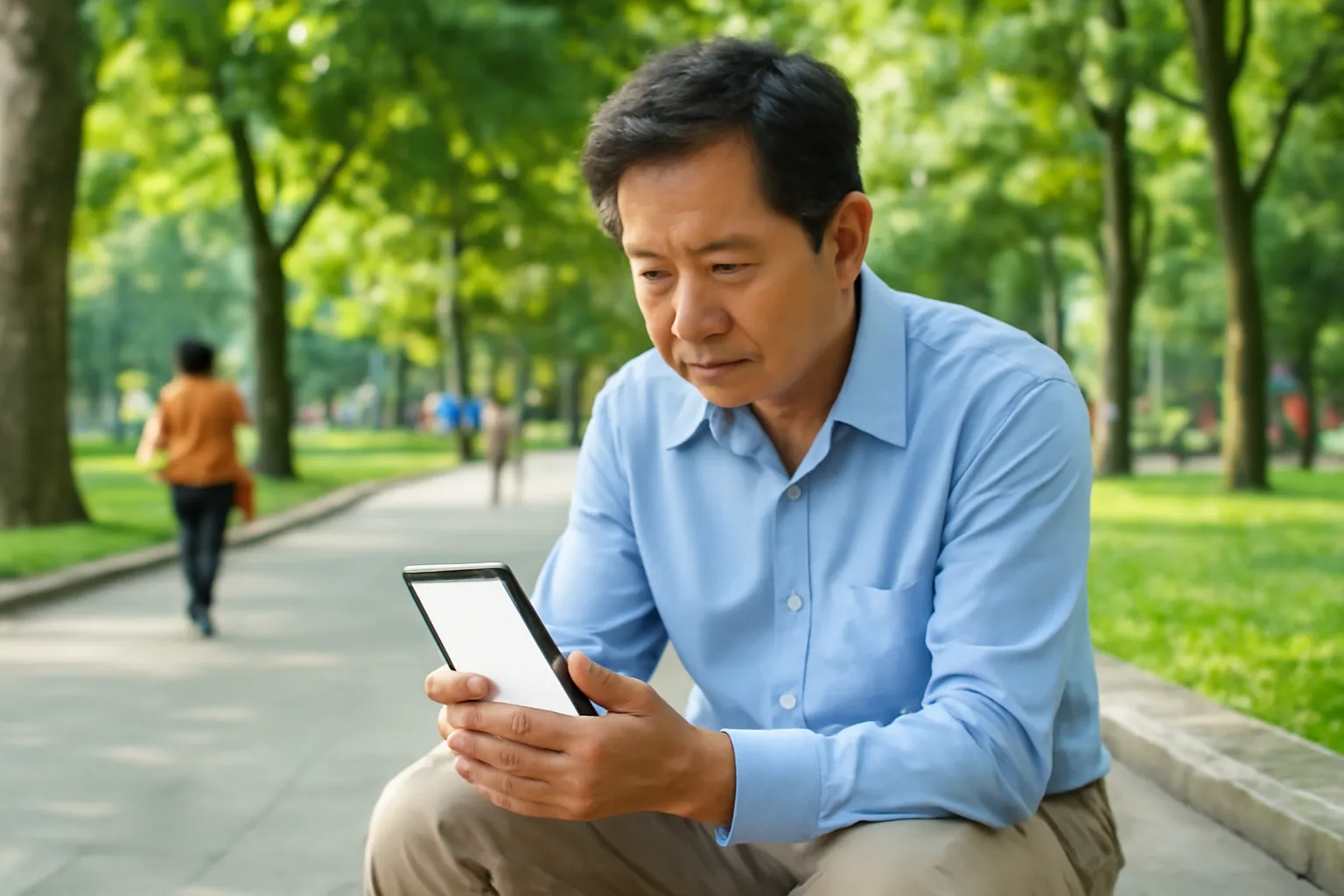 Người đàn ông trung niên ngồi ghế đá công viên, nhìn màn hình điện thoại trống, vẻ suy nghĩ