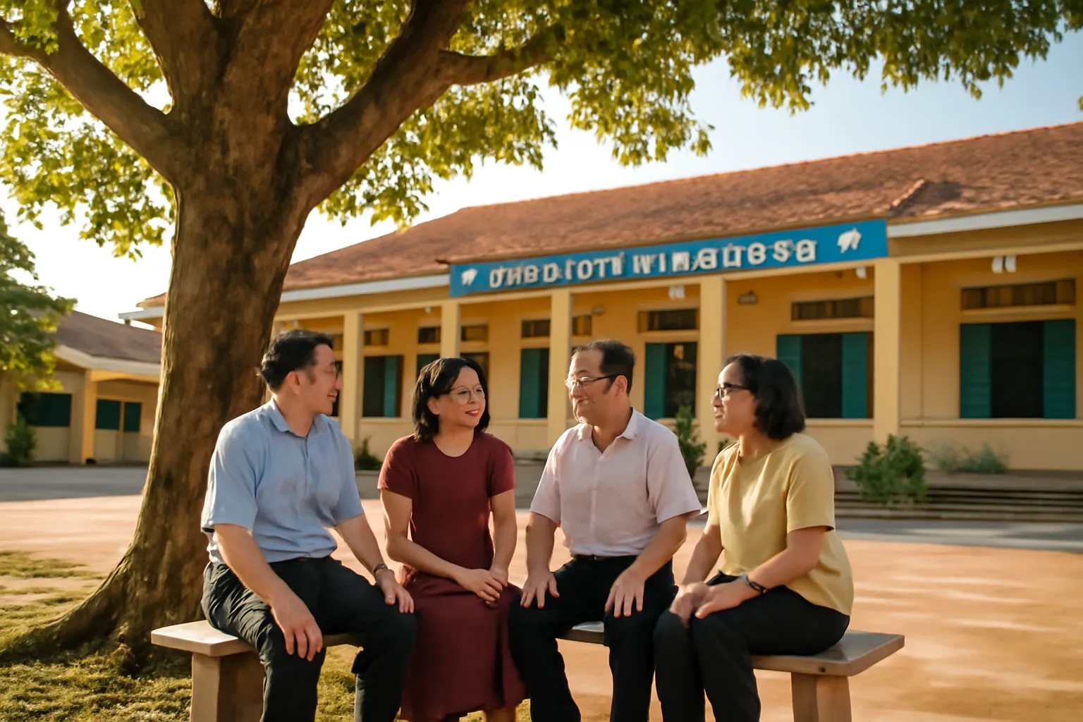 Nhóm cựu học sinh trung niên họp mặt trong sân trường cũ