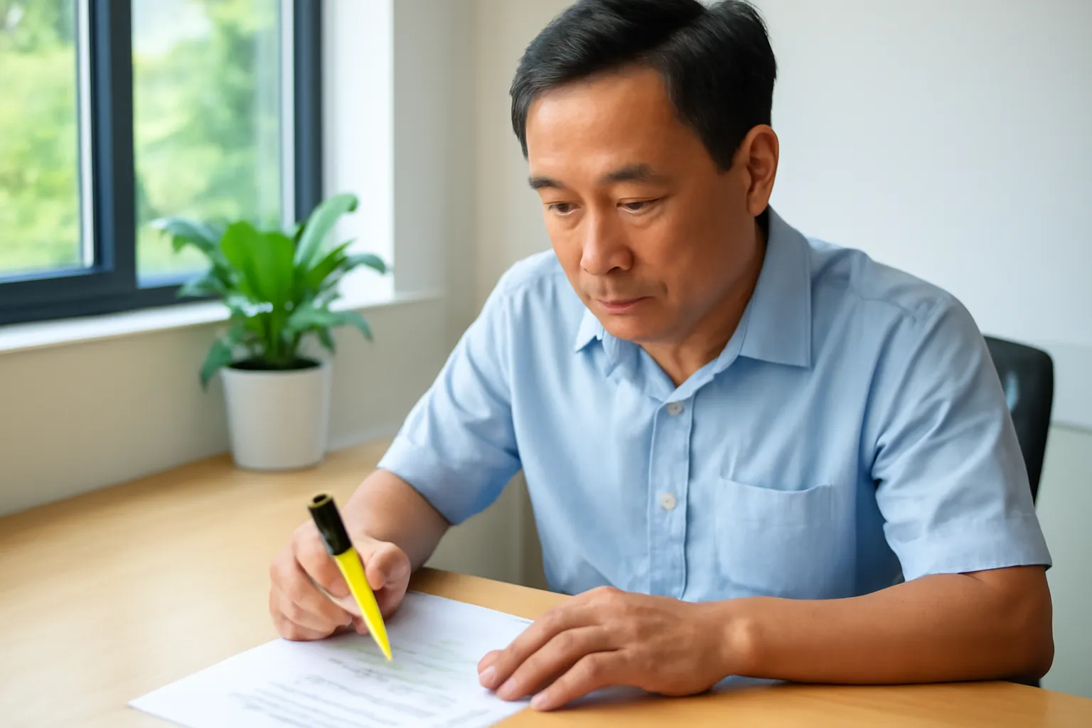 Người đàn ông dò từng trang hồ sơ với bút đánh dấu trên tay