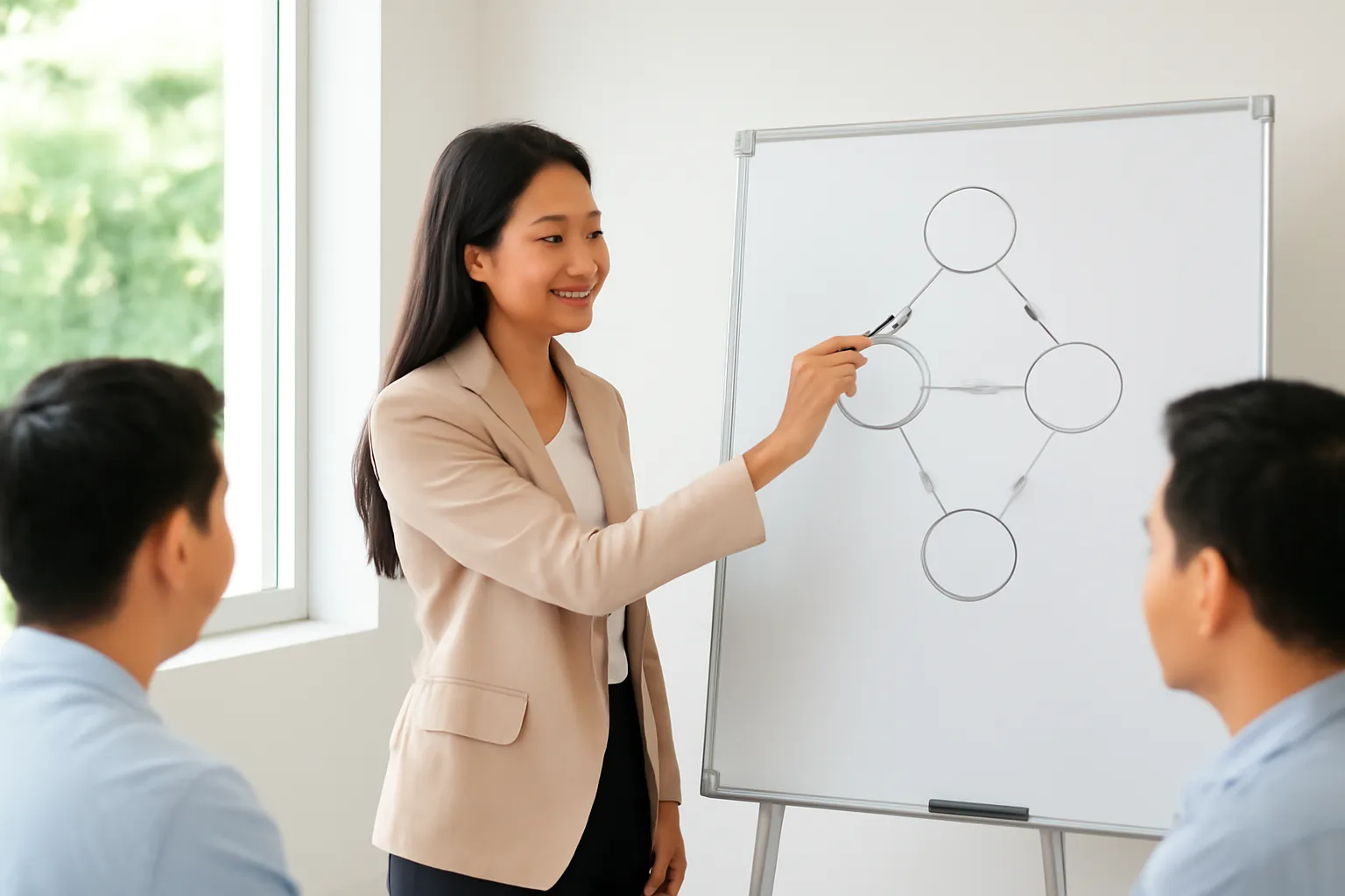 Người phụ nữ vẽ sơ đồ mũi tên trên bảng trắng trong phòng họp nhỏ