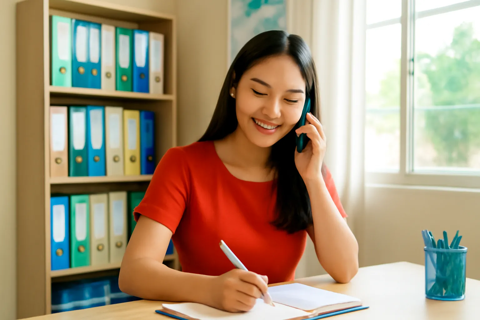 Cô gái trẻ làm việc ở bàn nhỏ trong văn phòng tổ chức cộng đồng, nghe điện thoại