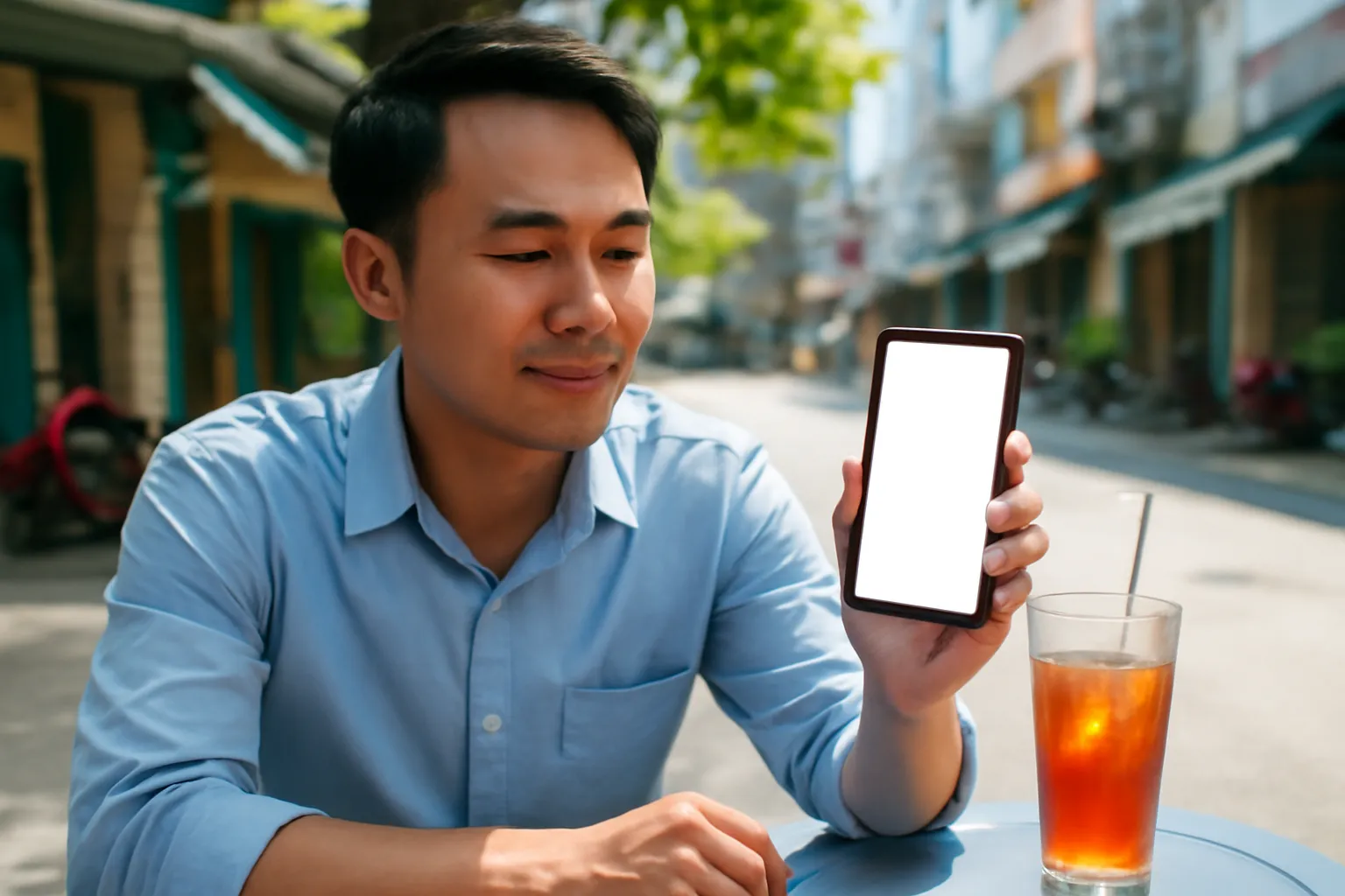 Cô nhân viên văn phòng nghỉ trưa, cầm điện thoại màn hình trống bên ly trà