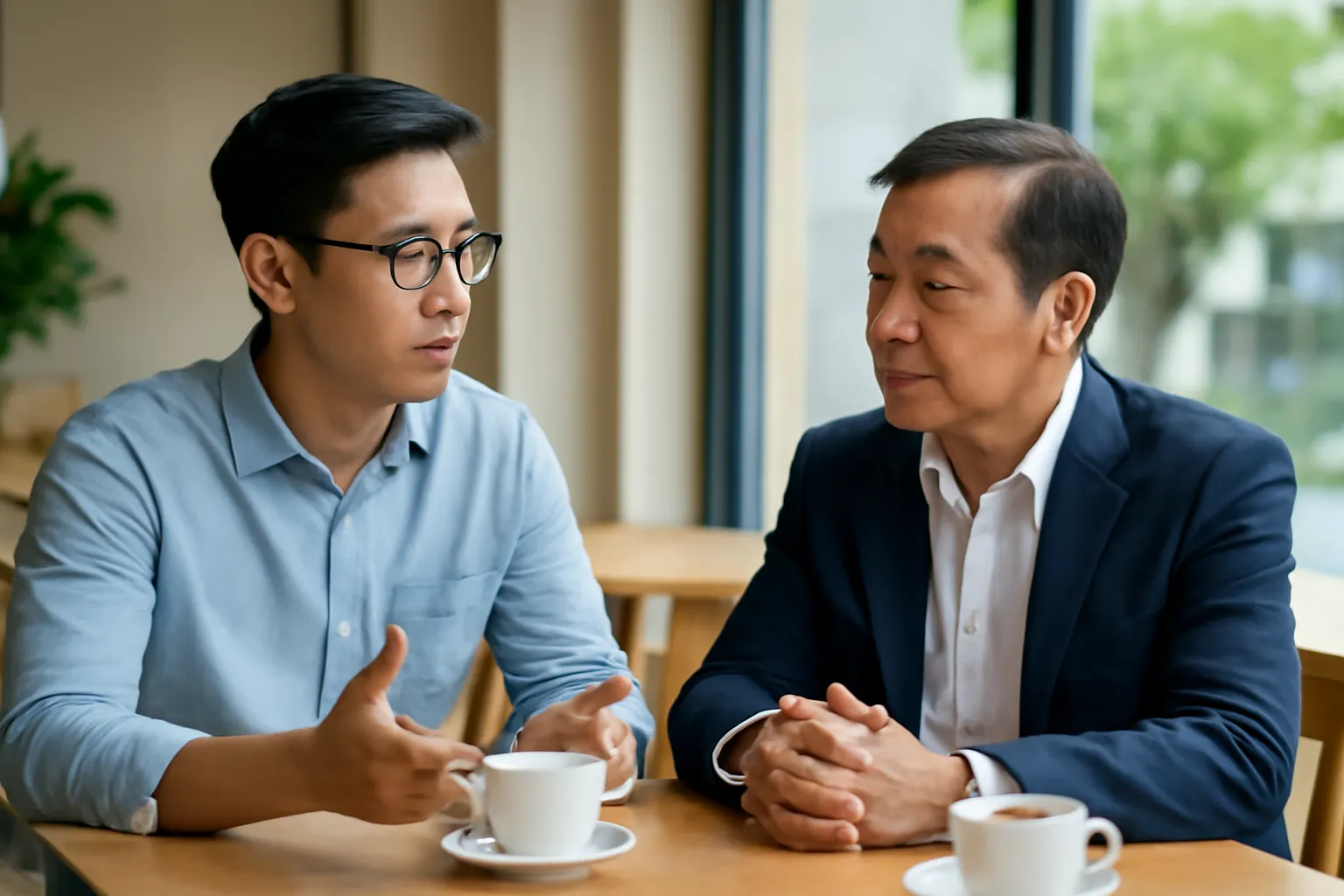 Hai người đàn ông trao đổi nghiêm túc nhưng ôn hoà bên bàn cà phê