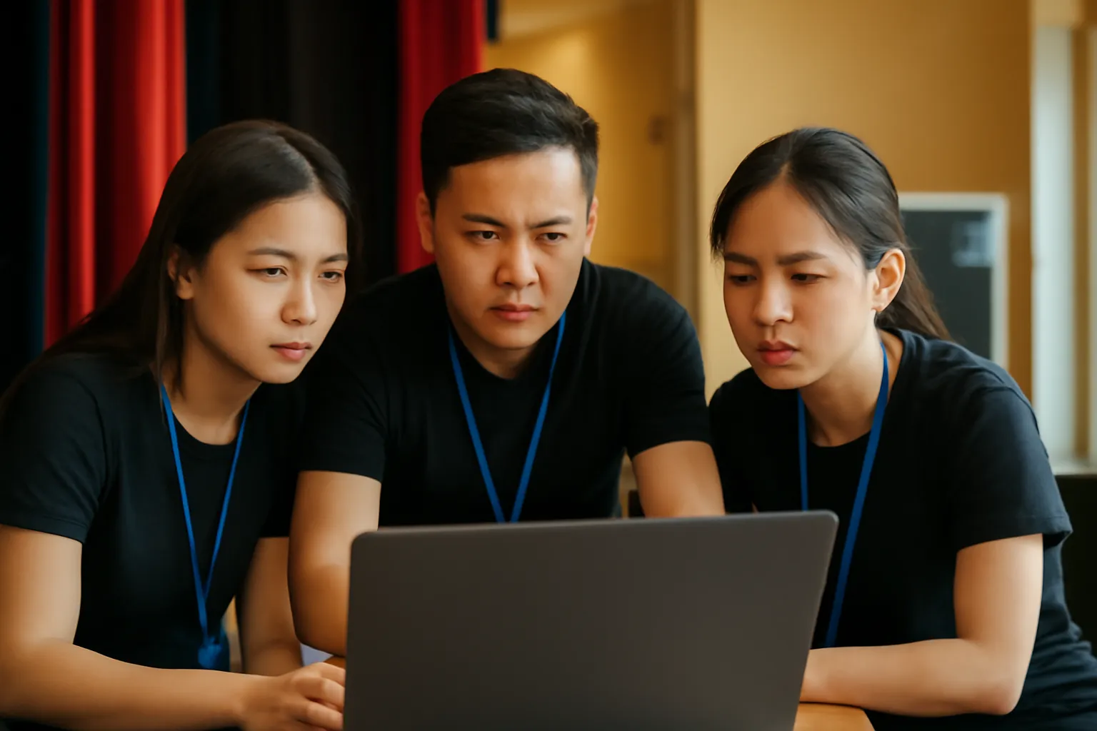 Ba người trong ban tổ chức bàn bạc gấp quanh chiếc máy tính xách tay
