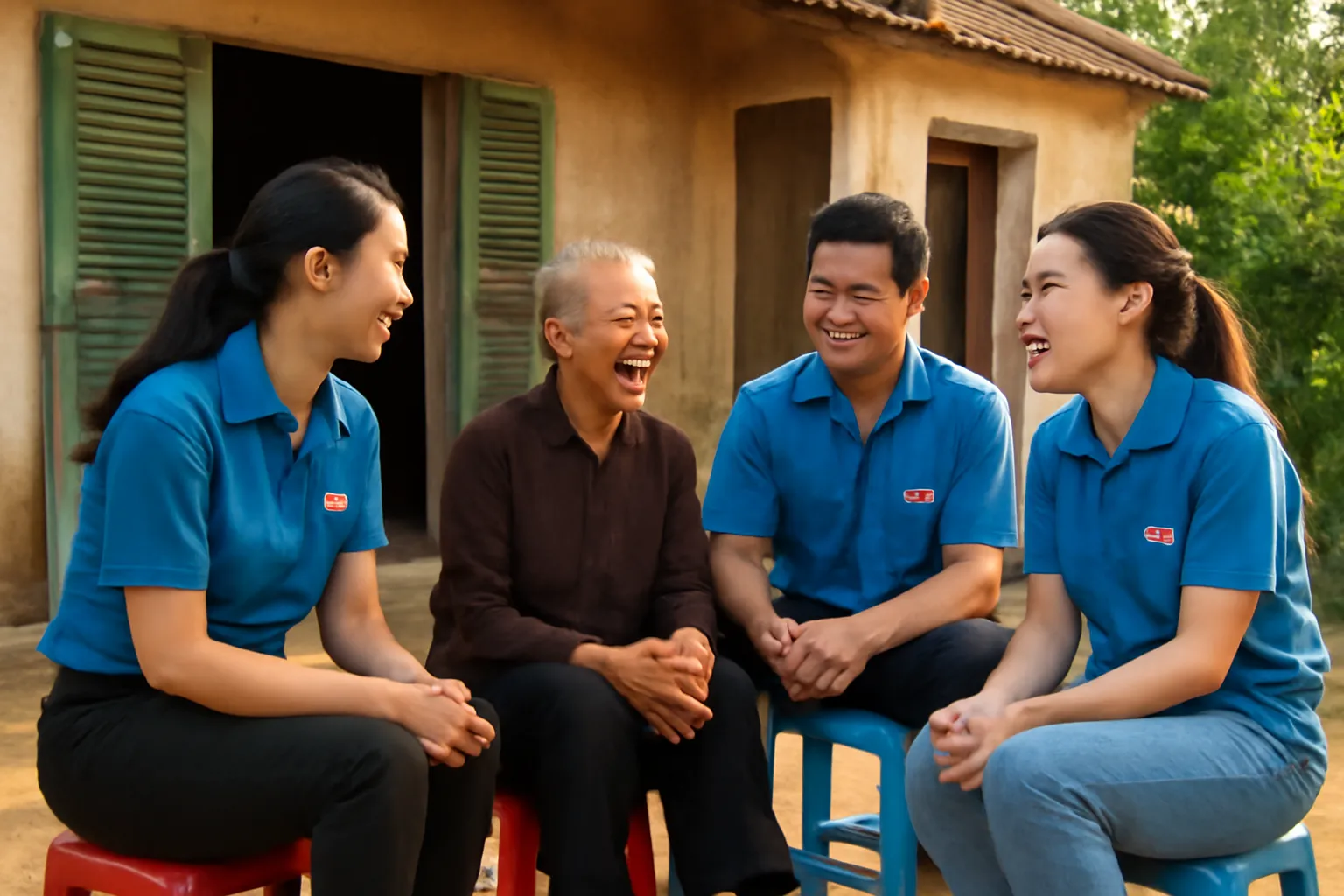 Nhóm thiện nguyện trò chuyện cùng cụ bà trước hiên nhà, không ai cầm máy ảnh