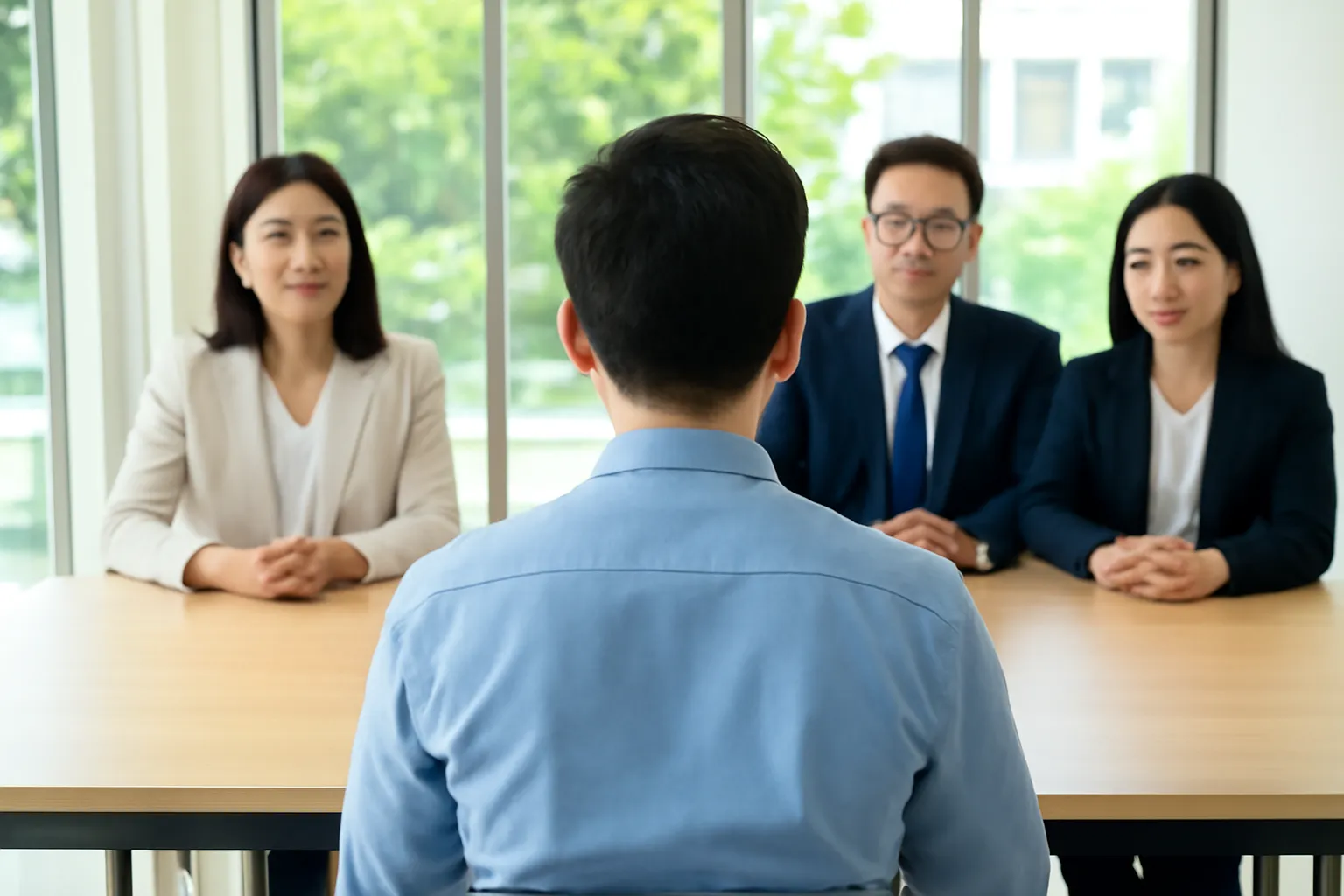 Nam sinh viên ngồi trước hội đồng ba người trong phòng họp sáng