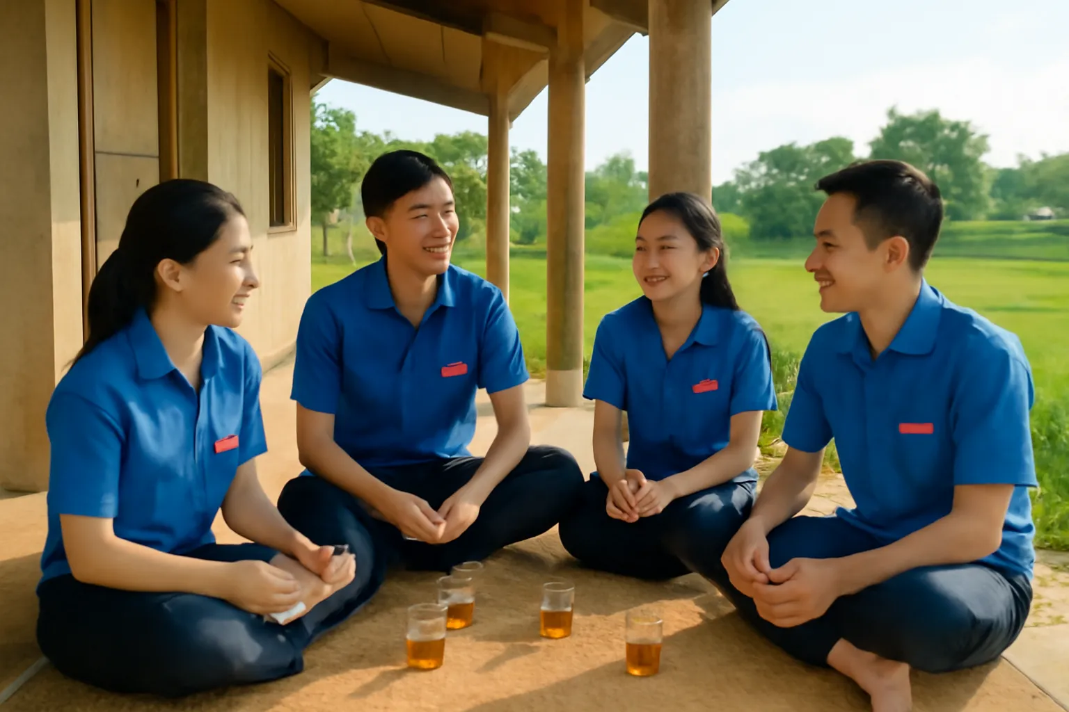 Nhóm tình nguyện viên họp quanh chiếu trải dưới mái hiên, bàn bạc