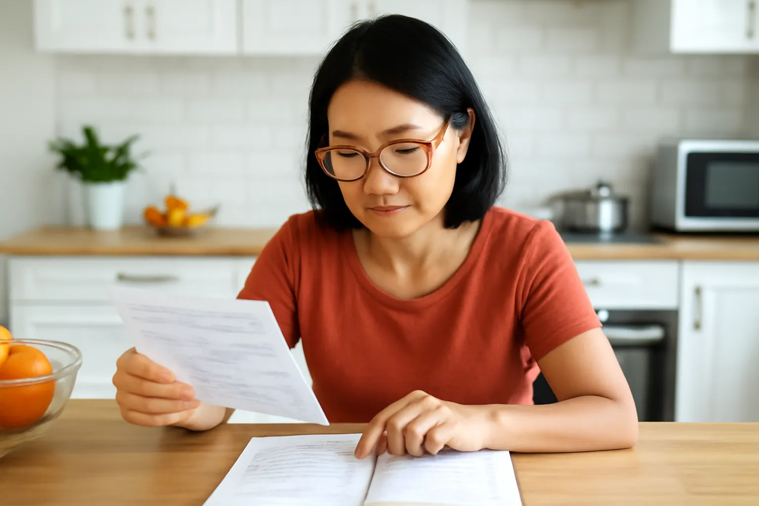 Người phụ nữ đối chiếu tờ sao kê in với sổ tay ghi chép bên bàn