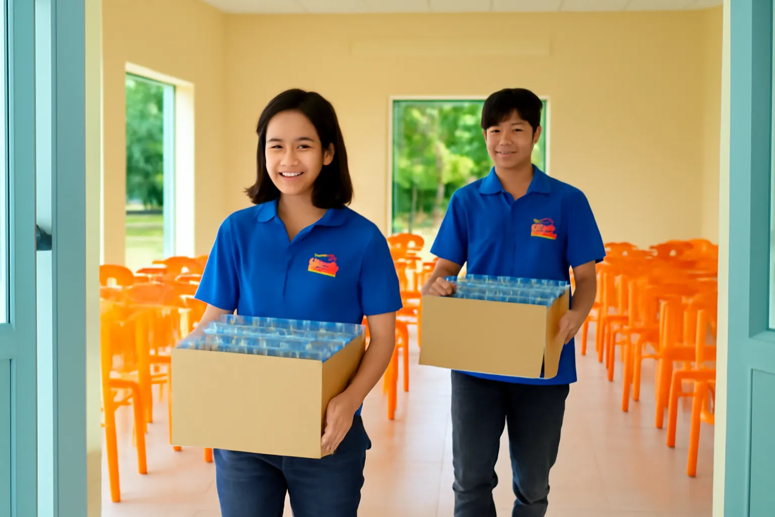 Thanh niên khuân thùng nước uống vào hội trường nhà văn hoá