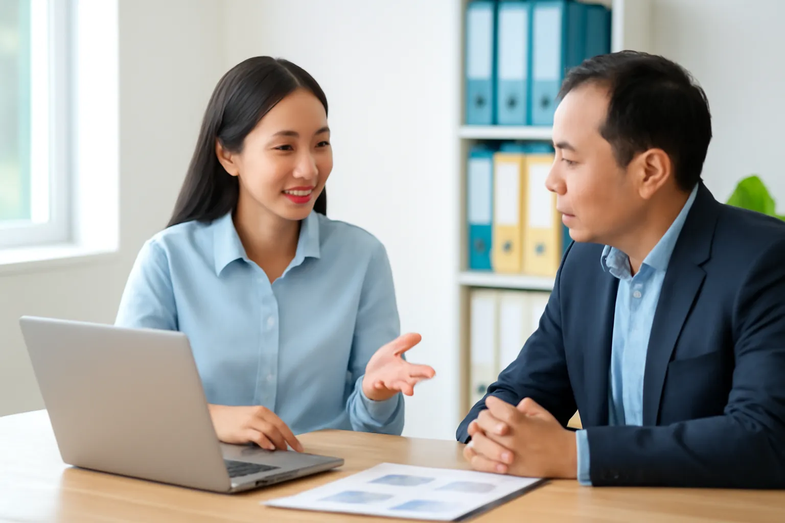 Nữ kế toán trẻ giải thích cho chủ doanh nghiệp bên bàn có máy tính