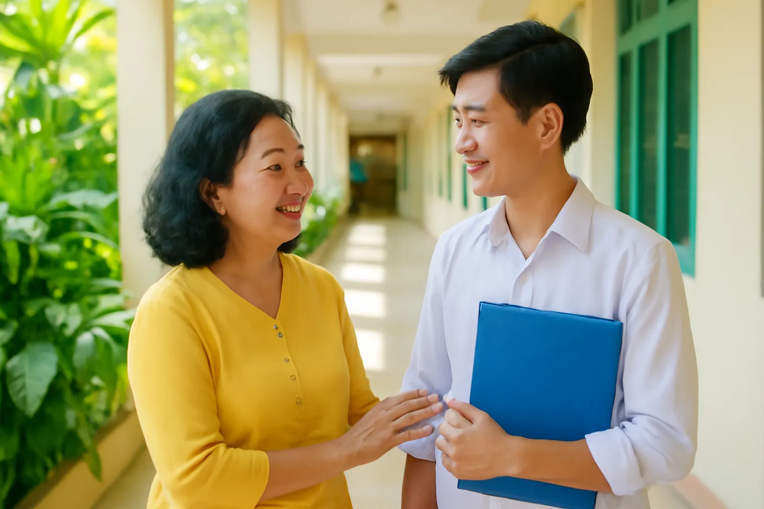 Cô giáo trò chuyện với học sinh cũ ở hành lang trường