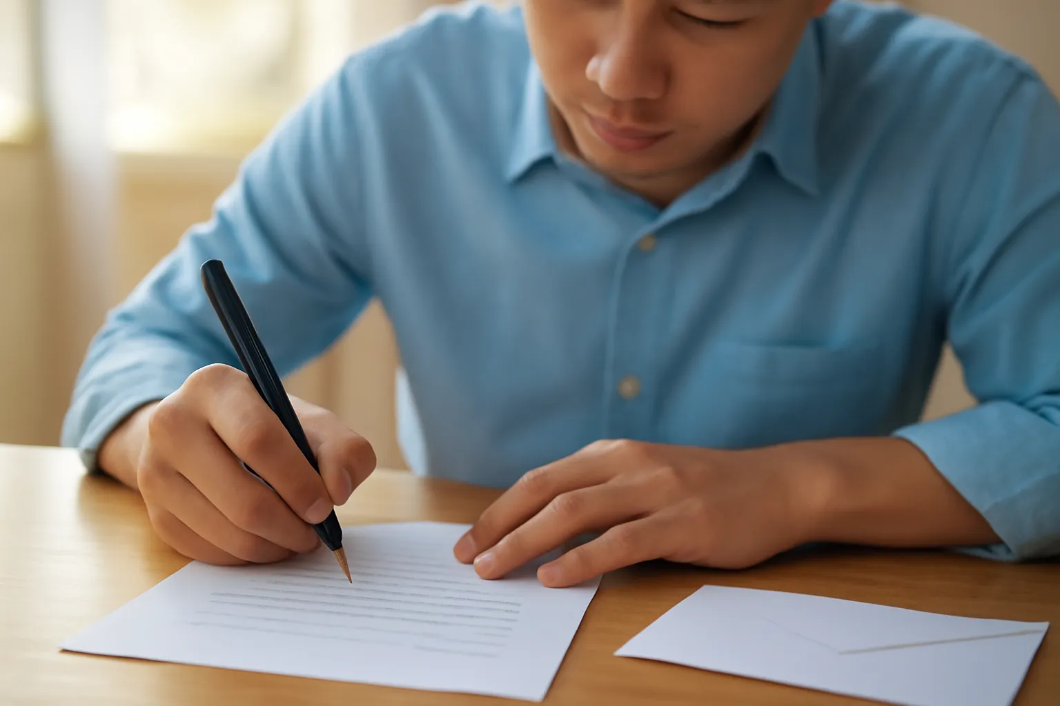 Bàn tay ký tên lên lá thư bên cạnh phong bì trắng