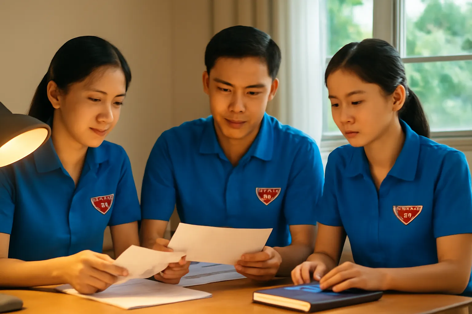 Ba thành viên nhóm ngồi đối chiếu giấy tờ dưới ánh đèn bàn buổi tối