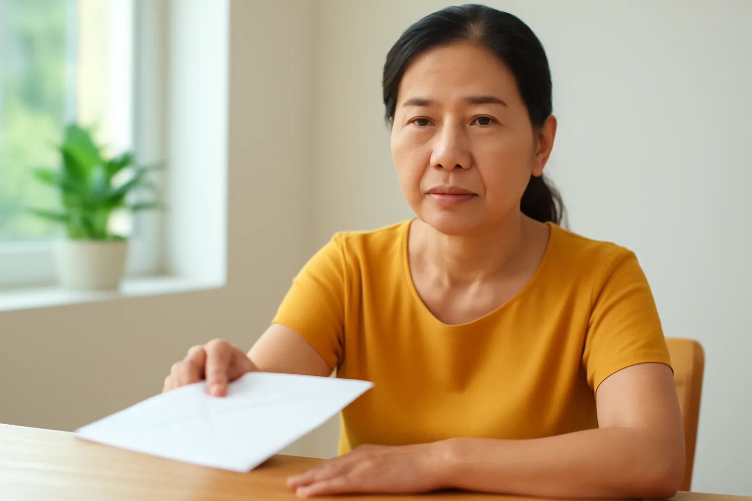 Người phụ nữ trung niên lịch sự đẩy nhẹ phong bì trả lại qua bàn