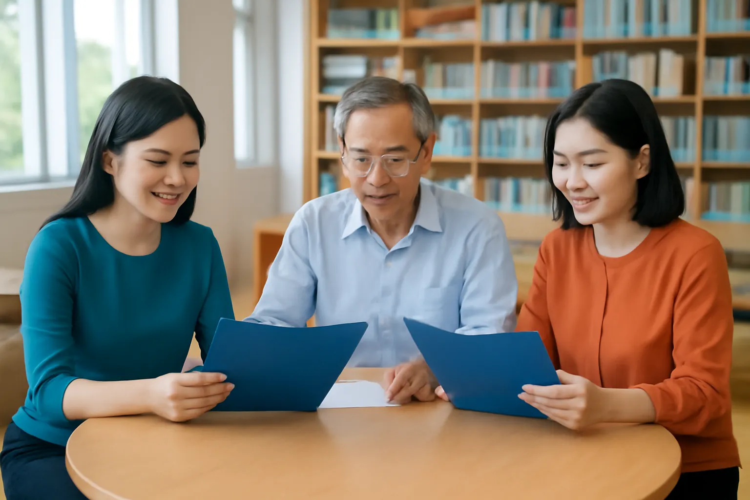 Ba người trong hội đồng xét học bổng đọc hồ sơ quanh bàn tròn