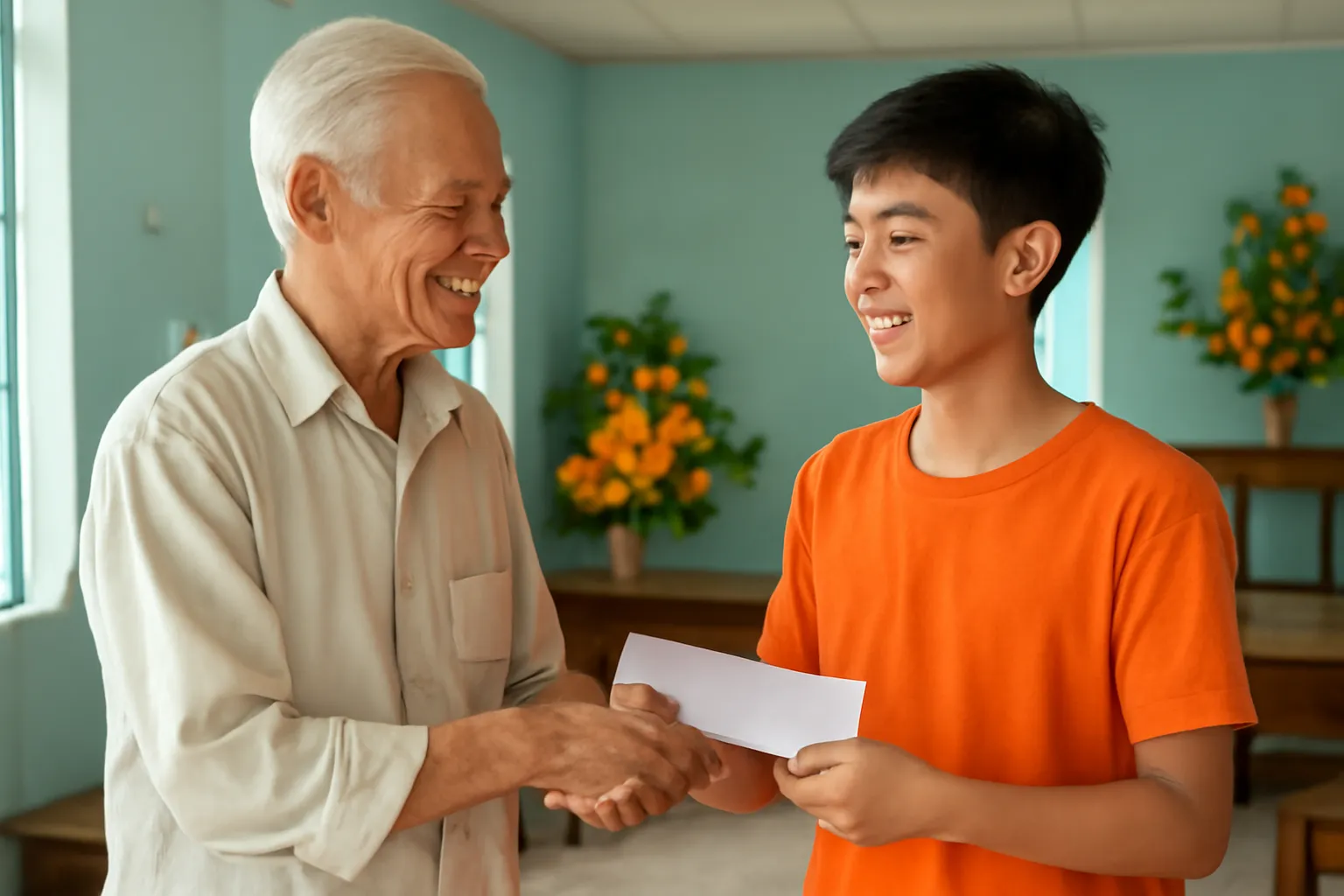 Cụ ông trao phong bì cho cậu học trò, hai người bắt tay ấm áp