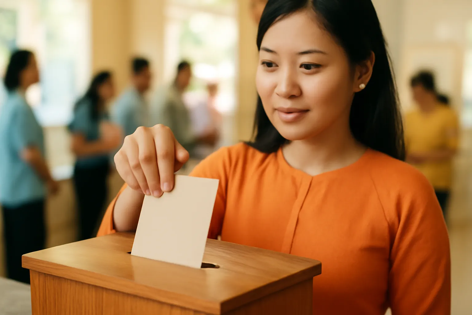 Bàn tay người phụ nữ đặt phong bì vào hòm quyên góp bằng gỗ