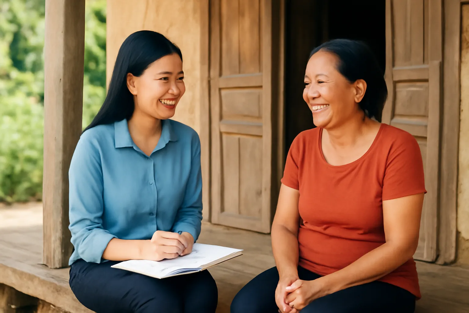 Cô gái trẻ phỏng vấn một phụ nữ nông thôn bên hiên nhà