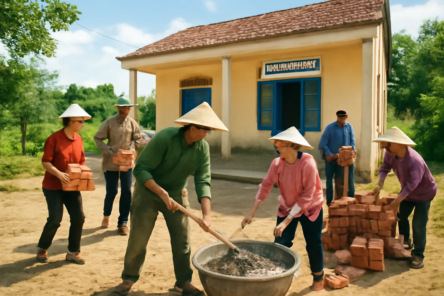 Người dân trong xóm cùng trộn vữa sửa lại lớp học nhỏ