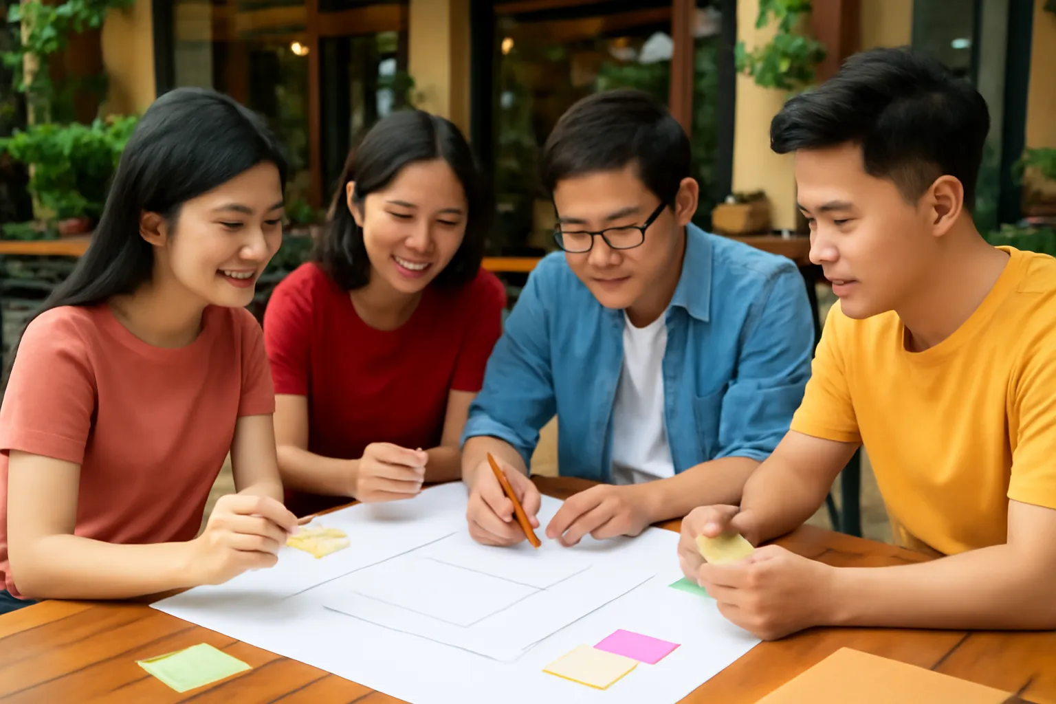 Nhóm sinh viên ngồi quanh bàn gỗ ghi chép trên giấy khổ lớn