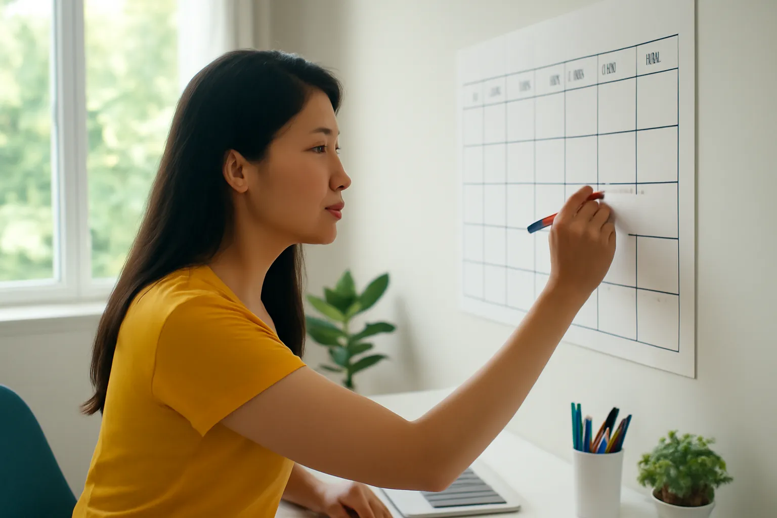 Người phụ nữ đánh dấu các mốc trên tờ lịch treo tường bằng bút màu