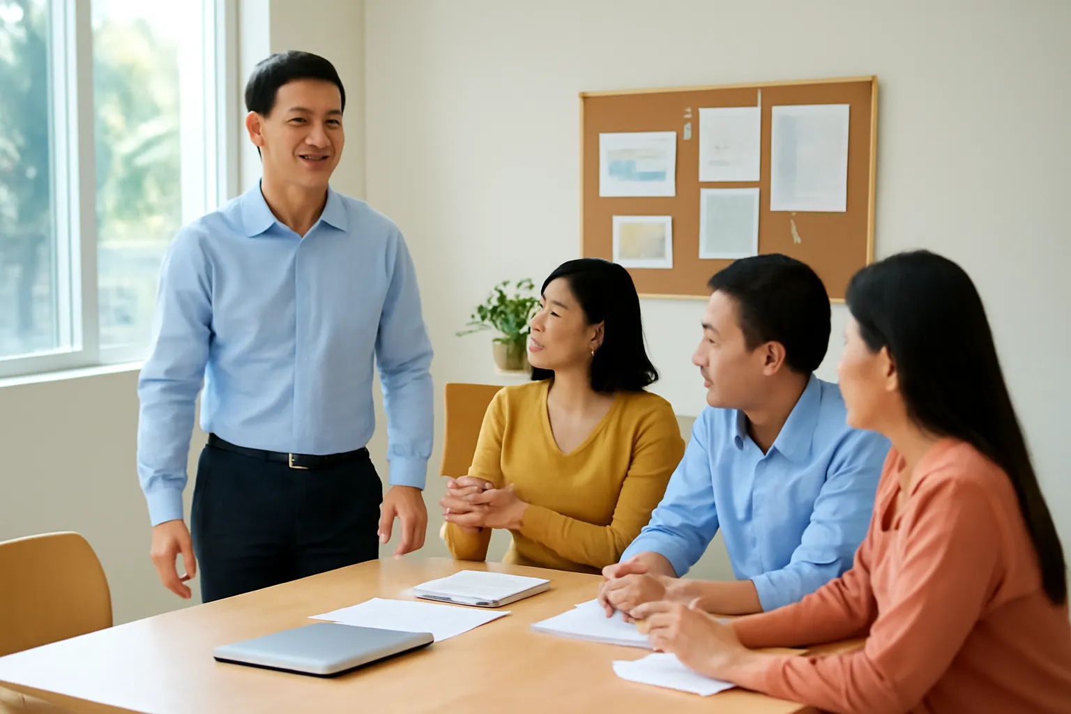Một thành viên đứng dậy rời khỏi bàn họp trong lúc nhóm thảo luận